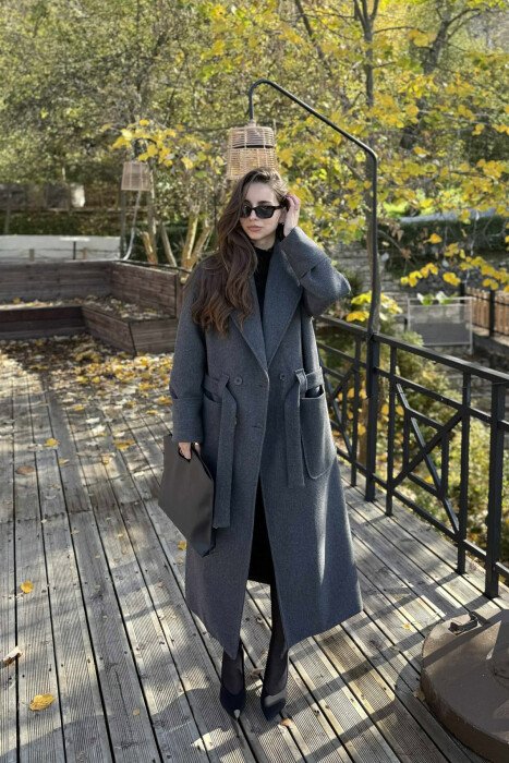 LACING DETAIL ONE COLOR LONG WOMEN COAT DARK GREY/GEE - KLAUDIO FASHION