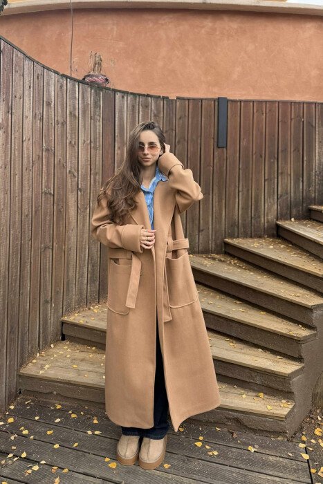 LACING DETAIL ONE COLOR LONG WOMEN COAT LIGHT BROWN/KAZB - KLAUDIO FASHION