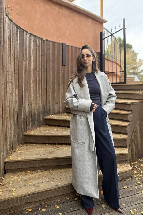 LACING DETAIL ONE COLOR LONG WOMEN COAT LIGHT GREY/GZ - KLAUDIO FASHION