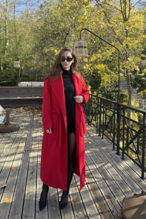 LACING DETAIL ONE COLOR LONG WOMEN COAT RED/E KUQE - KLAUDIO FASHION
