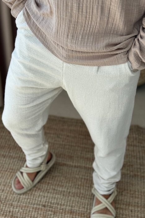 LACING DETAIL ONE COLOR MEN PANTS CREAM/KREM - 2
