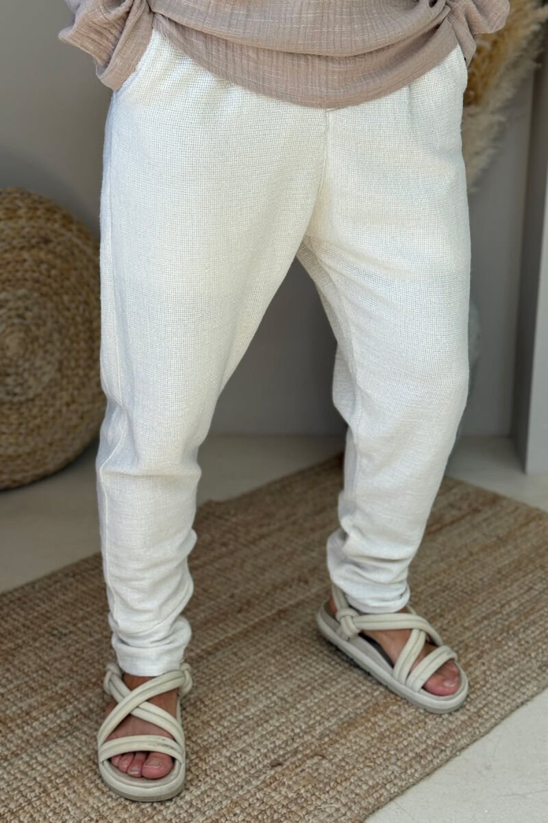 LACING DETAIL ONE COLOR MEN PANTS CREAM/KREM - 4