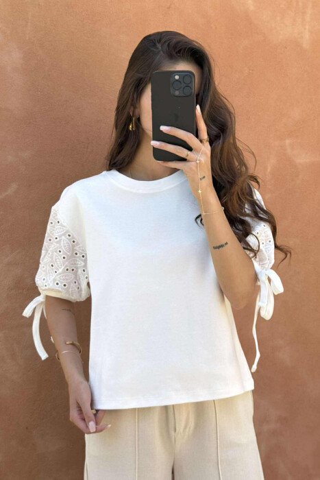 LACING DETAIL ONE COLOR WOMEN T-SHIRT WHITE-E BARDHE - 3