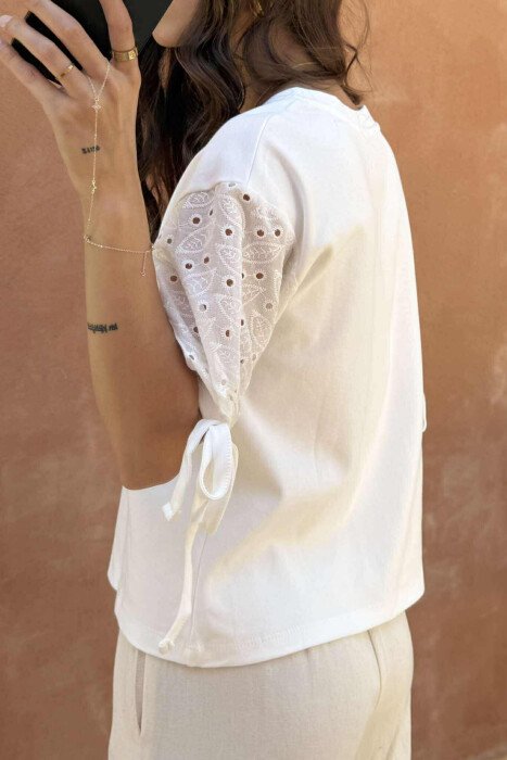 LACING DETAIL ONE COLOR WOMEN T-SHIRT WHITE-E BARDHE - 4