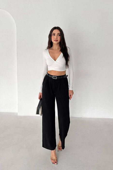 BELT DETAIL ONE COLOR WOMEN TROUSERS BLACK/ E ZEZE - KLAUDIO FASHION