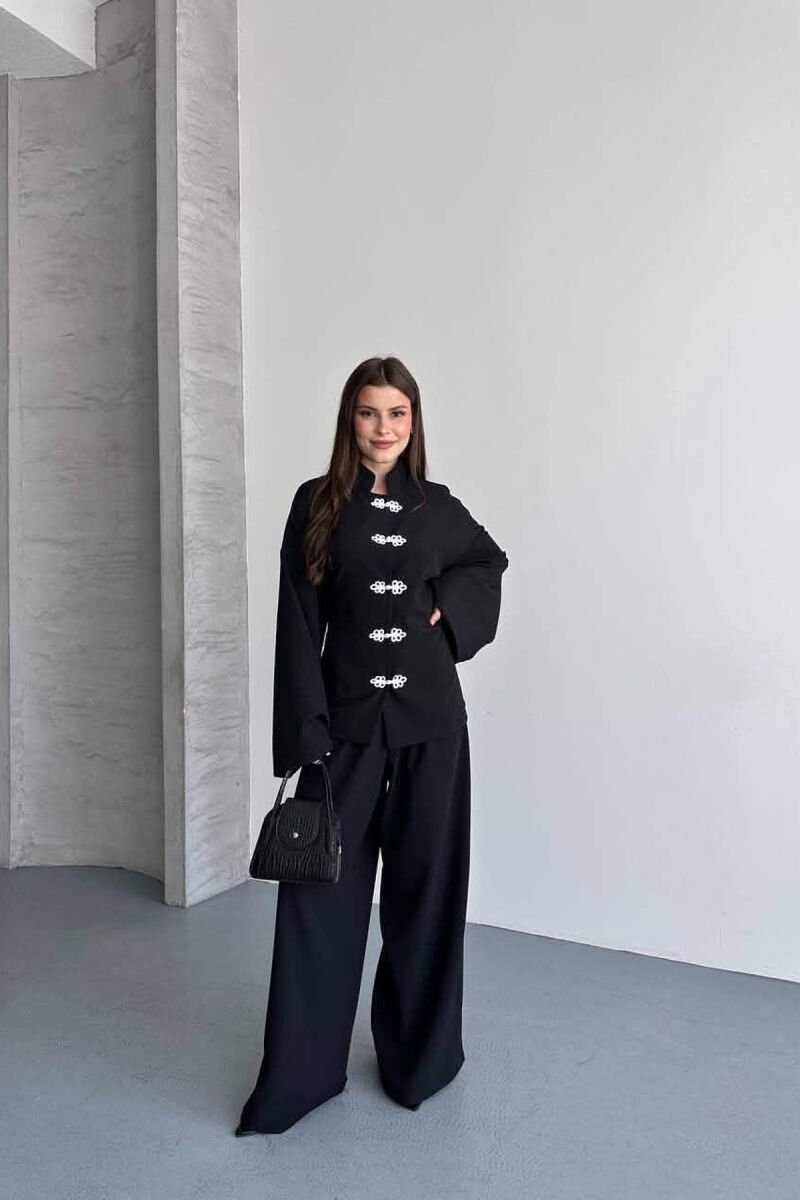 LACING DETAIL SHIRT + SEMI ELASTIC WAIST TROUSERS WOMAN SET BLACK/ E ZEZE - 1