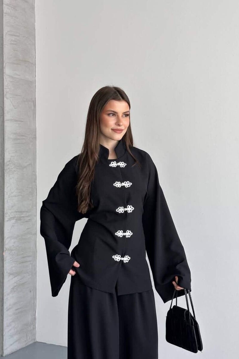 LACING DETAIL SHIRT + SEMI ELASTIC WAIST TROUSERS WOMAN SET BLACK/ E ZEZE - 2