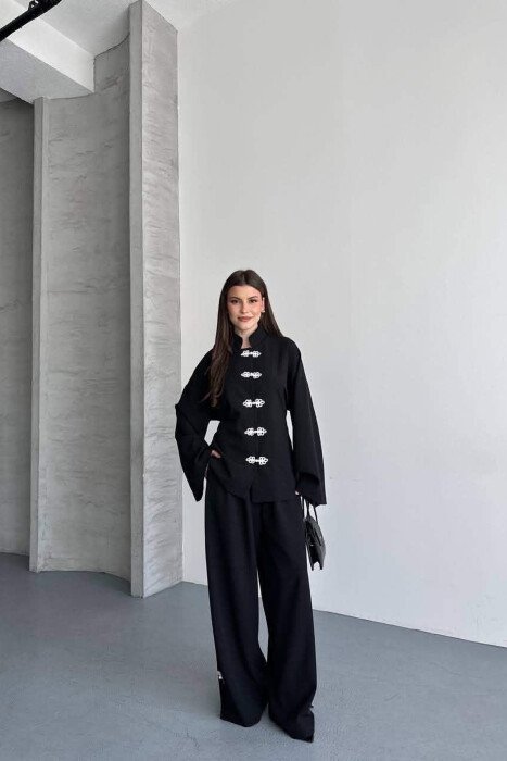 LACING DETAIL SHIRT + SEMI ELASTIC WAIST TROUSERS WOMAN SET BLACK/ E ZEZE - 3