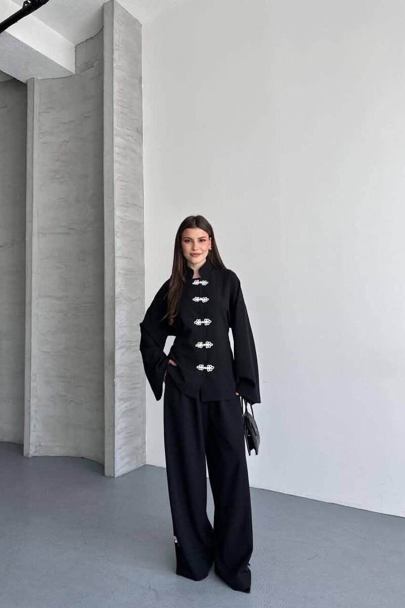 LACING DETAIL SHIRT + SEMI ELASTIC WAIST TROUSERS WOMAN SET BLACK/ E ZEZE - 3