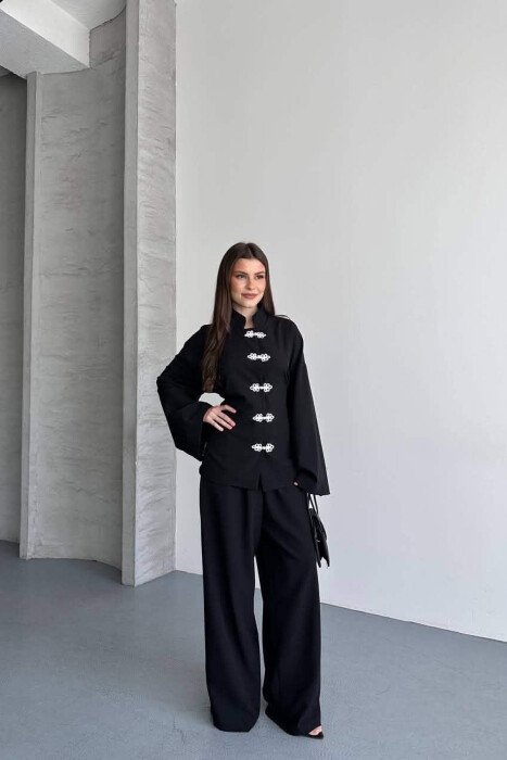 LACING DETAIL SHIRT + SEMI ELASTIC WAIST TROUSERS WOMAN SET BLACK/ E ZEZE - 4