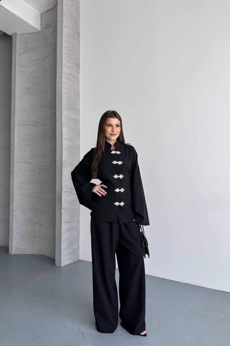 LACING DETAIL SHIRT + SEMI ELASTIC WAIST TROUSERS WOMAN SET BLACK/ E ZEZE - 4