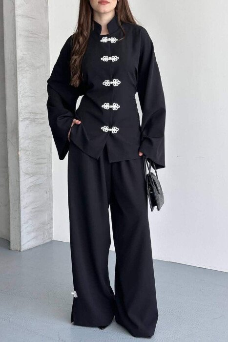 LACING DETAIL SHIRT + SEMI ELASTIC WAIST TROUSERS WOMAN SET BLACK/ E ZEZE - 6
