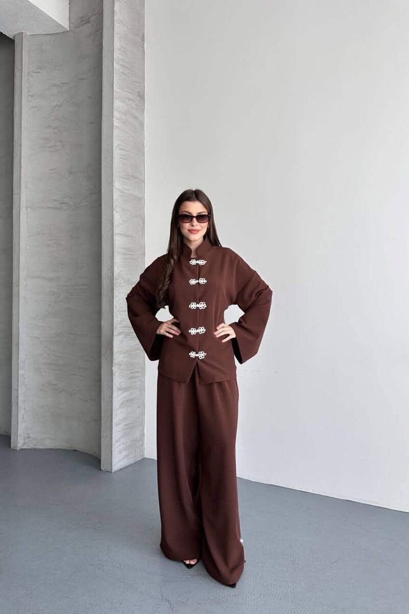 LACING DETAIL SHIRT + SEMI ELASTIC WAIST TROUSERS WOMAN SET BROWN/KAFE - 1