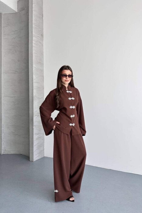 LACING DETAIL SHIRT + SEMI ELASTIC WAIST TROUSERS WOMAN SET BROWN/KAFE - 2