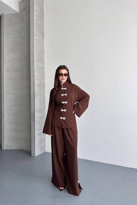 LACING DETAIL SHIRT + SEMI ELASTIC WAIST TROUSERS WOMAN SET BROWN/KAFE - 3