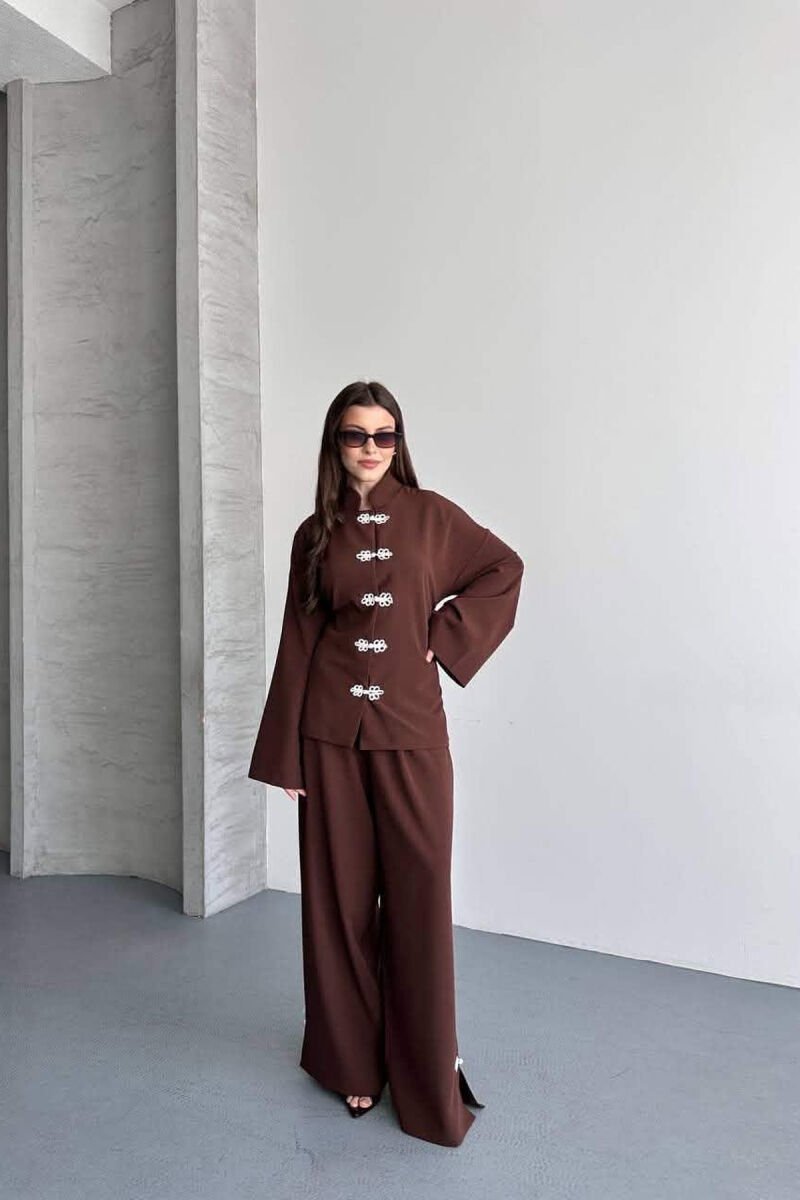 LACING DETAIL SHIRT + SEMI ELASTIC WAIST TROUSERS WOMAN SET BROWN/KAFE - 3