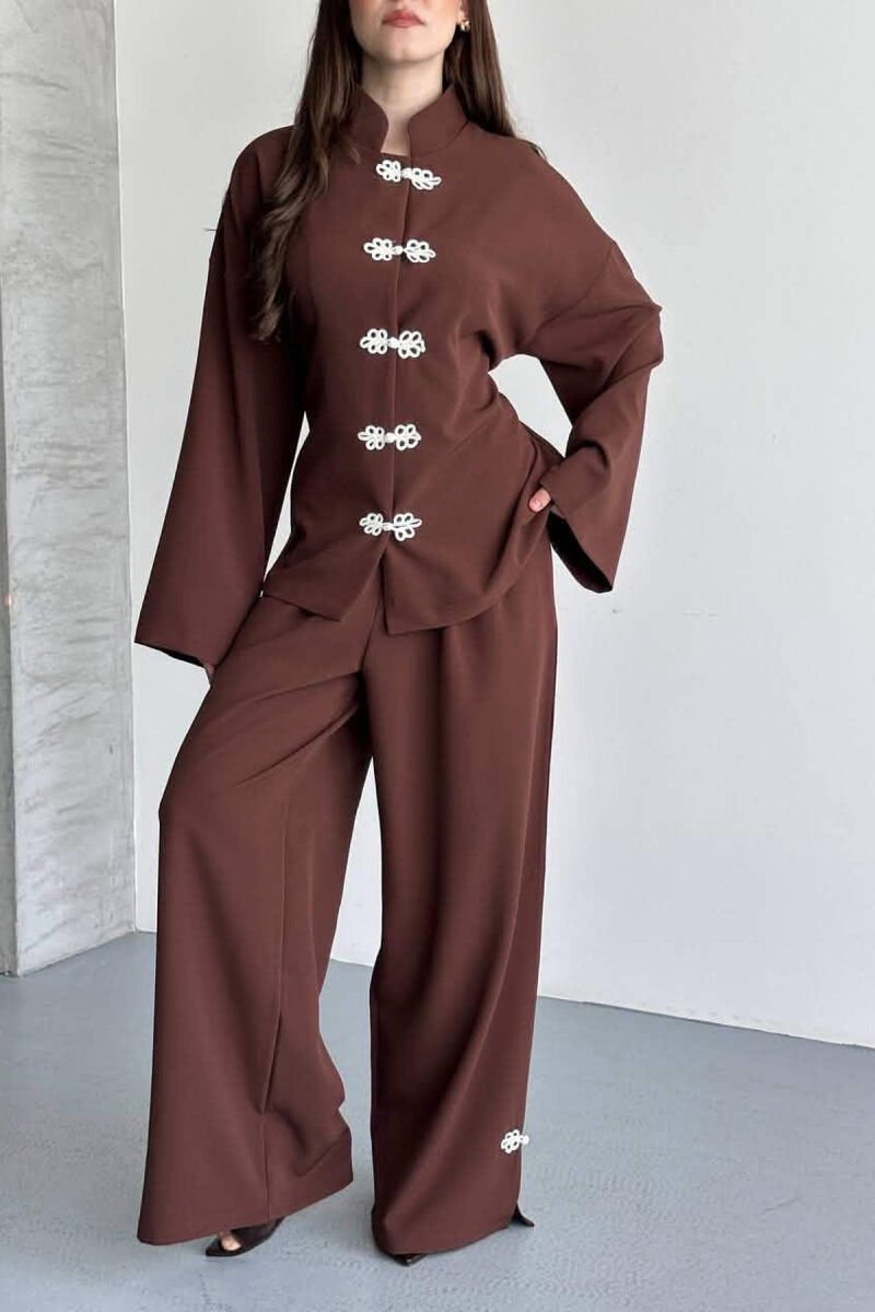 LACING DETAIL SHIRT + SEMI ELASTIC WAIST TROUSERS WOMAN SET BROWN/KAFE - 4