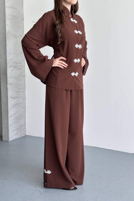 LACING DETAIL SHIRT + SEMI ELASTIC WAIST TROUSERS WOMAN SET BROWN/KAFE - 5