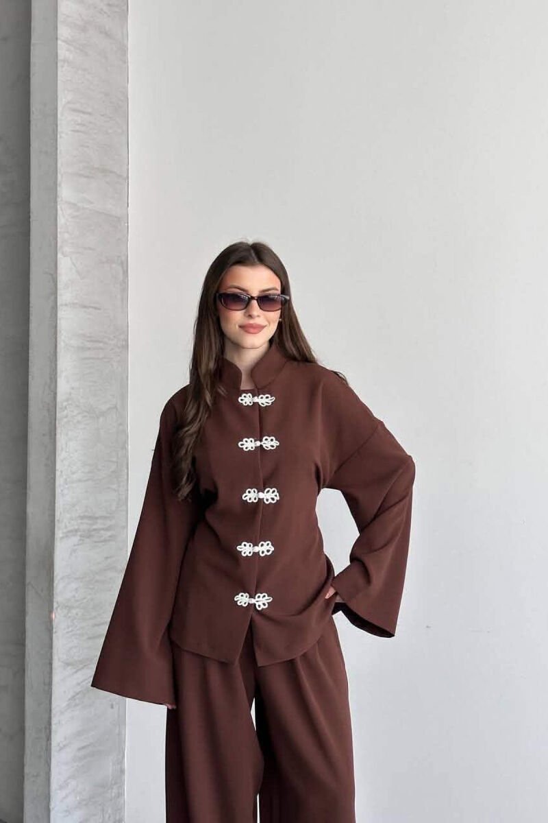 LACING DETAIL SHIRT + SEMI ELASTIC WAIST TROUSERS WOMAN SET BROWN/KAFE - 6