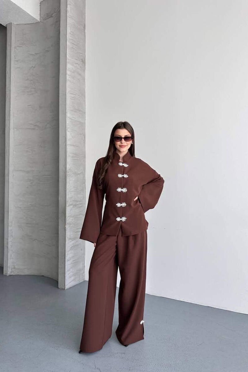 LACING DETAIL SHIRT + SEMI ELASTIC WAIST TROUSERS WOMAN SET BROWN/KAFE - 7