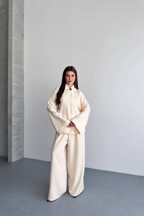 LACING DETAIL SHIRT + SEMI ELASTIC WAIST TROUSERS WOMAN SET CREAM/KREM - 1