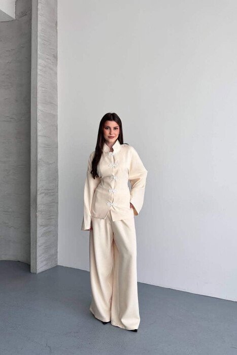 LACING DETAIL SHIRT + SEMI ELASTIC WAIST TROUSERS WOMAN SET CREAM/KREM - 3