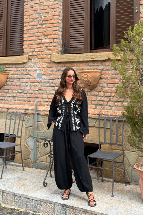LACING DETAIL SHIRT + TROUSERS WOMEN SET BLACK/ E ZEZE 