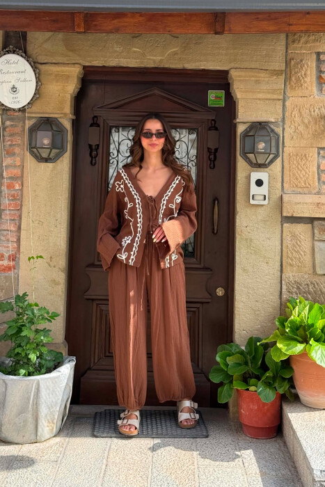 LACING DETAIL SHIRT + TROUSERS WOMEN SET BROWN/KAFE 
