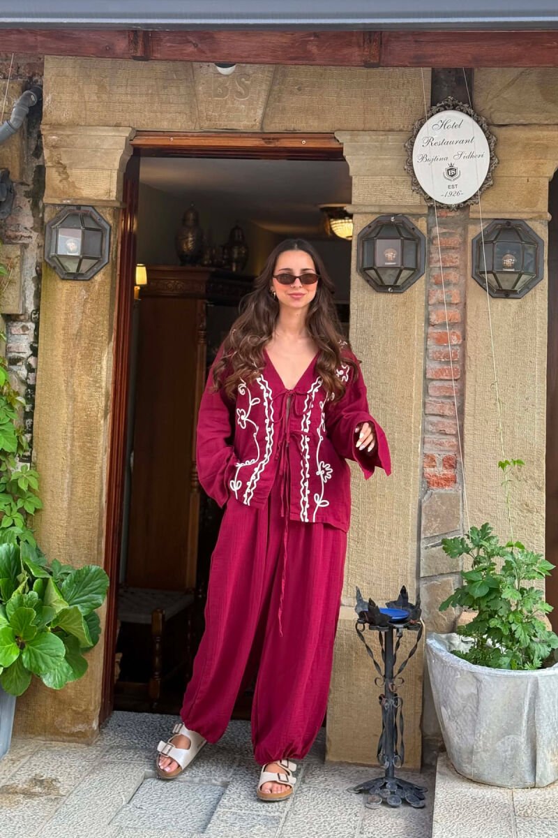 LACING DETAIL SHIRT + TROUSERS WOMEN SET BURGUNDY/VISHNJE - 1