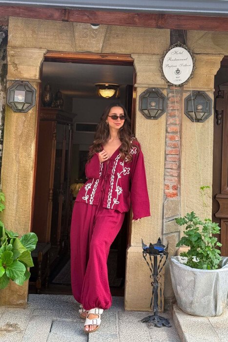 LACING DETAIL SHIRT + TROUSERS WOMEN SET BURGUNDY/VISHNJE - 3