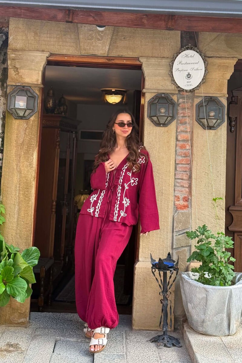 LACING DETAIL SHIRT + TROUSERS WOMEN SET BURGUNDY/VISHNJE - 3