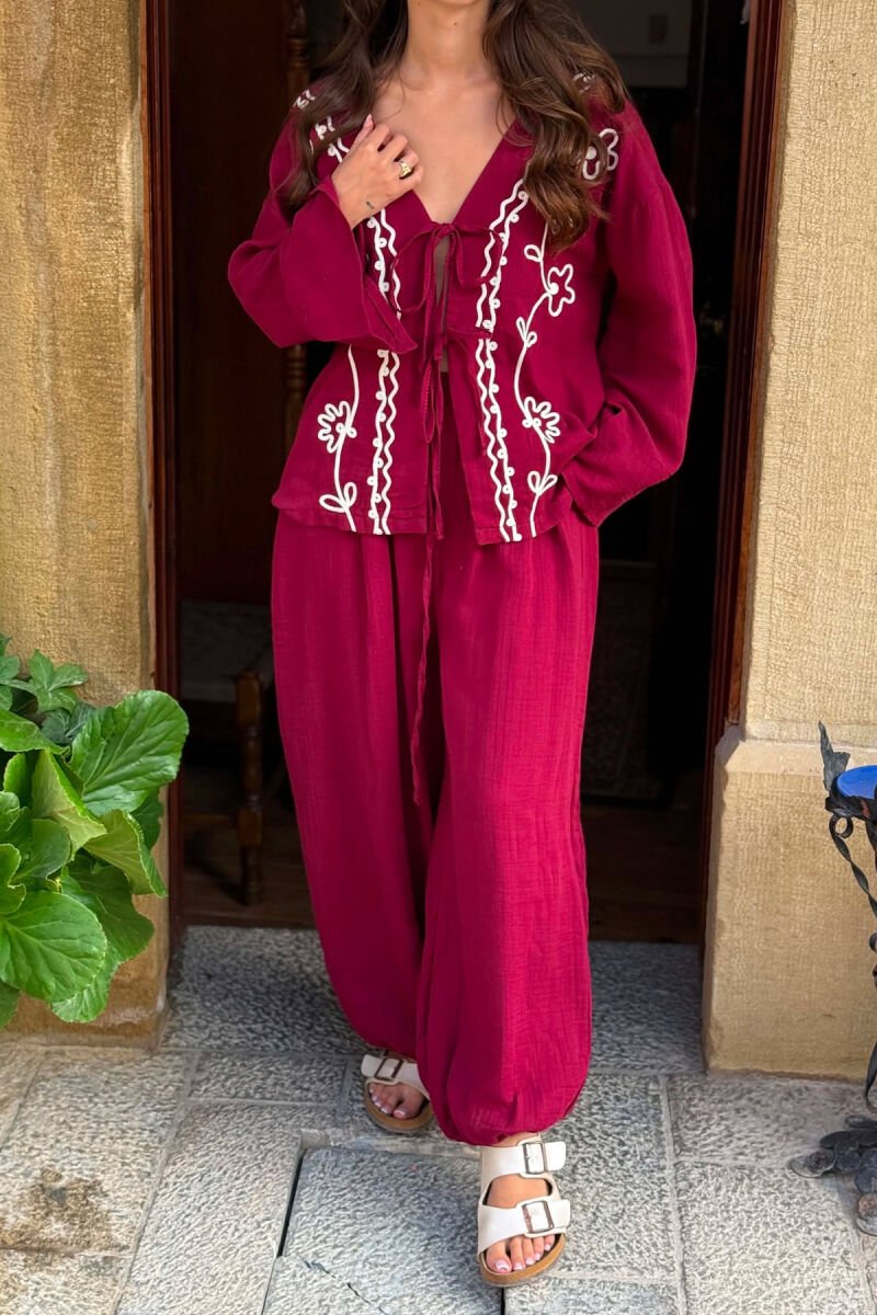 LACING DETAIL SHIRT + TROUSERS WOMEN SET BURGUNDY/VISHNJE - 4