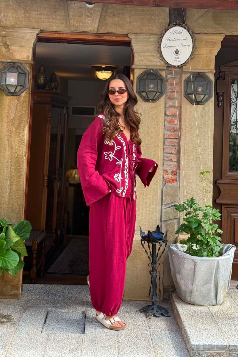 LACING DETAIL SHIRT + TROUSERS WOMEN SET BURGUNDY/VISHNJE - 5