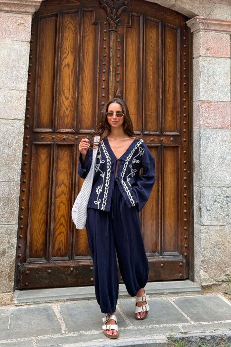 LACING DETAIL SHIRT + TROUSERS WOMEN SET DARK BLUE/BEE 