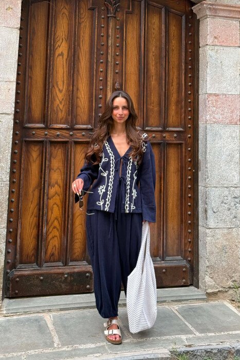 LACING DETAIL SHIRT + TROUSERS WOMEN SET DARK BLUE/BEE - 2