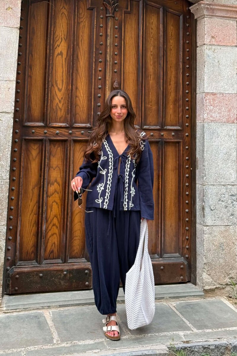 LACING DETAIL SHIRT + TROUSERS WOMEN SET DARK BLUE/BEE - 2