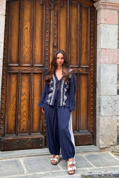 LACING DETAIL SHIRT + TROUSERS WOMEN SET DARK BLUE/BEE - 3