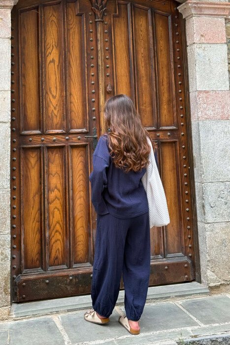 LACING DETAIL SHIRT + TROUSERS WOMEN SET DARK BLUE/BEE - 4