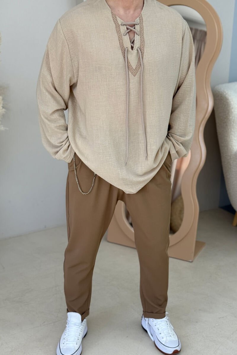 LACING DETAIL SIMPLE MEN SHIRT BEIGE/BEZHE - 1