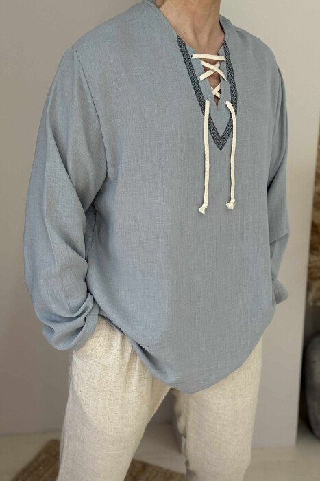 LACING DETAIL SIMPLE MEN SHIRT GREY/GRI - KLAUDIO FASHION