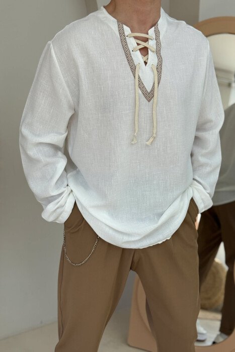 LACING DETAIL SIMPLE MEN SHIRT WHITE-E BARDHE - KLAUDIO FASHION