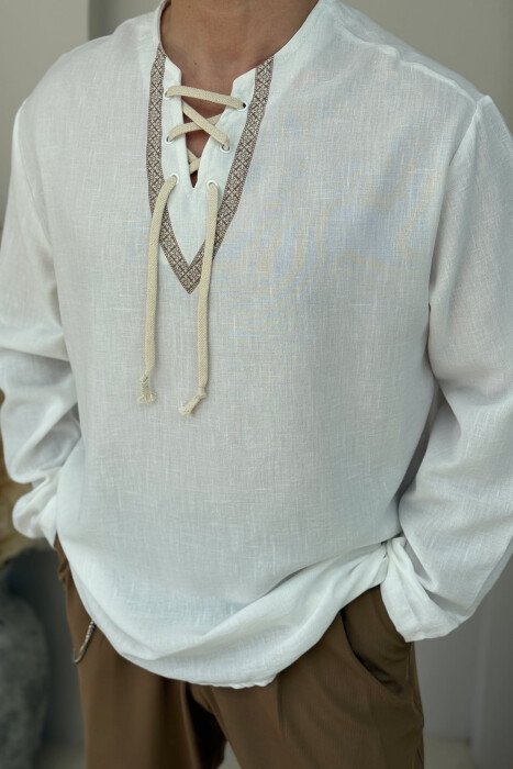 LACING DETAIL SIMPLE MEN SHIRT WHITE-E BARDHE - 3