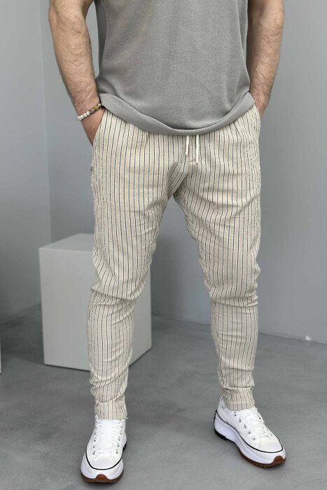 PANTALLONA ME VIJA ME DETAJIN E LIDHSES PËR MESHKUJ NË NGJYRËN BEZHË - KLAUDIO FASHION