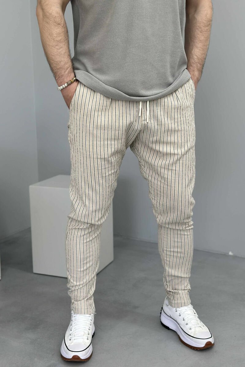 LACING DETAIL STRIPED MEN PANTS BEIGE/BEZHE - 1