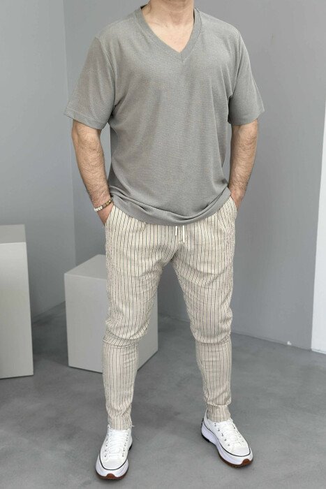 LACING DETAIL STRIPED MEN PANTS BEIGE/BEZHE - 2