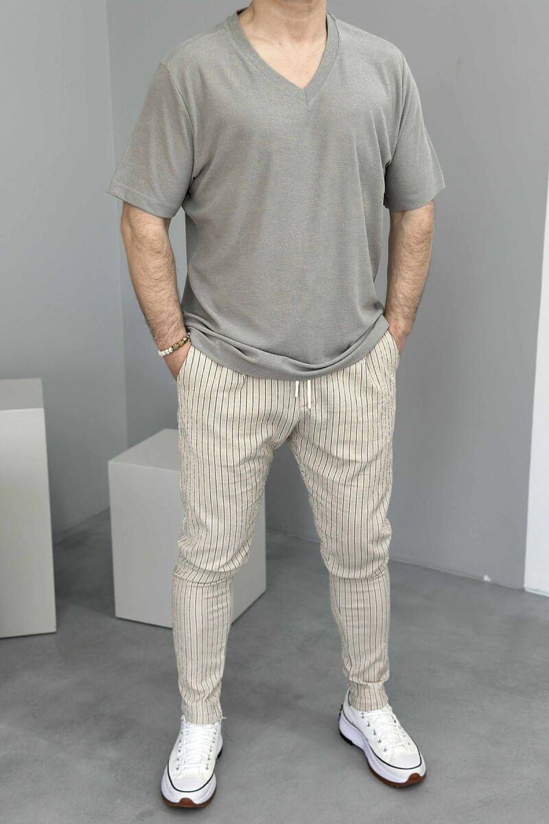 LACING DETAIL STRIPED MEN PANTS BEIGE/BEZHE - 2