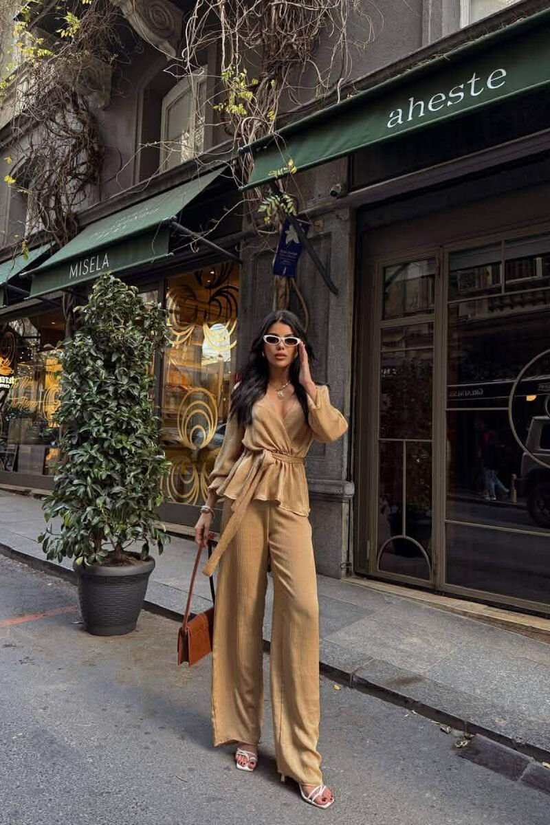 LACING DETAIL SWEATSHIRT+TROUSERS WOMEN SET BEIGE/BEZHE - 1