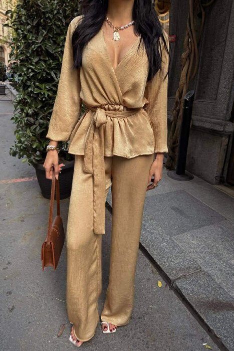 LACING DETAIL SWEATSHIRT+TROUSERS WOMEN SET BEIGE/BEZHE - 4