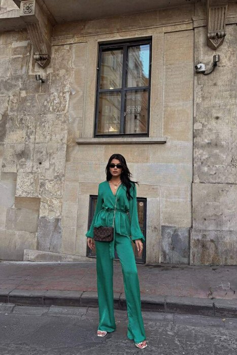 LACING DETAIL SWEATSHIRT+TROUSERS WOMEN SET GREEN/JESHILE - 1