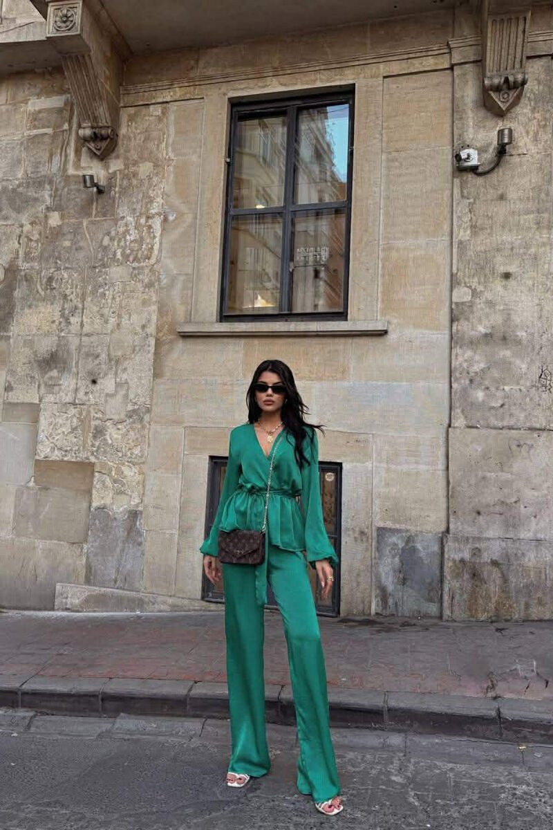 LACING DETAIL SWEATSHIRT+TROUSERS WOMEN SET GREEN/JESHILE - 1